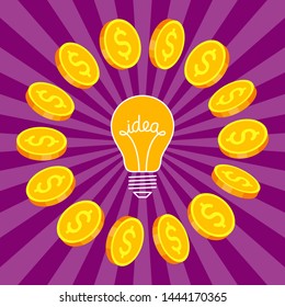 Light bulb as symbol of idea, and gold coins with dollar sign are around it. Income from genial project. Profit from creative thoughts. Successful startup 