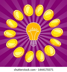 Light bulb as symbol of idea, and gold coins are around it. Income from genial project. Profit from creative thoughts. Successful startup 