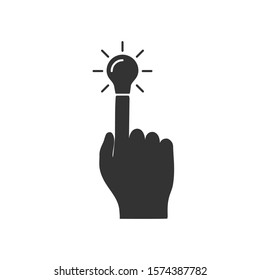 Light bulb, symbol of ideas, as continuation of index finger hands. Isolated on white background. Flat design. 
