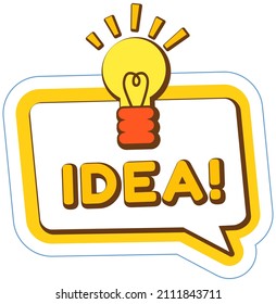 Light bulb as symbol of new idea. Design element for stickers, posters, emblems, web design. Positive decision, new creative thought, inspirational icon. Light bulb in speech bubble sticker