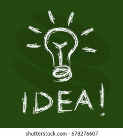 A light bulb symbolizes an idea and is drawn with chalk on a green board