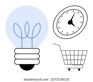 Light bulb symbolizing creativity clock representing time management and shopping cart reflecting retail. Ideal for productivity business innovation time marketing and retail. Simple vector style