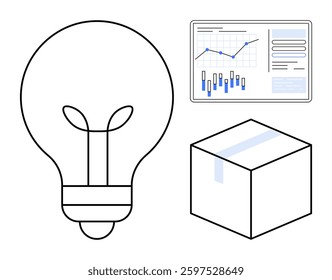 Light bulb symbolizing ideas, data analysis screen with charts, and a sealed box representing implementation and delivery. Ideal for presentations, business strategies, creative processes