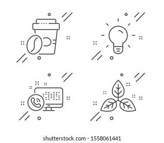 Light bulb, Takeaway coffee and Web call line icons set. Fair trade sign. Lamp energy, Roasted bean, Phone support. Leaf. Business set. Line light bulb outline icon. Vector