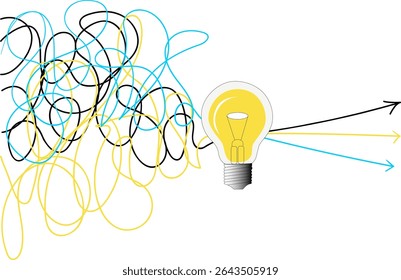 Light bulb with tangled lines. Innovative solutions concepts on transparent background.