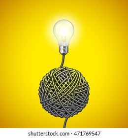 Light bulb and tangled wire on yellow vector background