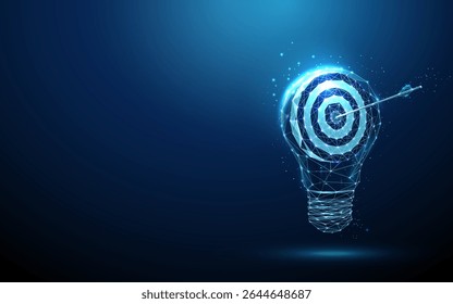 Lâmpada com alvo e seta dentro. Inovação, ideias focadas, realização de objetivos e conceito de pensamento estratégico. Estilo de poli baixo. Símbolo brilhante, gráfico digital moderno com efeitos de luz. Vetor