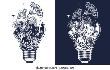 Light bulb tattoo and art nouveau flowers t-shirt design. Symbol of the idea, creativity, creative, imagination, freedom. Black and white vector graphics 