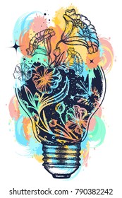 Light bulb tattoo and art nouveau flowers t-shirt design water color splashes. Symbol of the idea, creativity, creative, imagination, freedom 