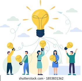 The light bulb teamwork brainstorming symbol. Joint search and successful implementation of new ideas. vector illustration of business concept