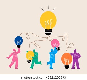 The light bulb teamwork brainstorming symbol. Successful implementation of new ideas. Colorful vector illustration
