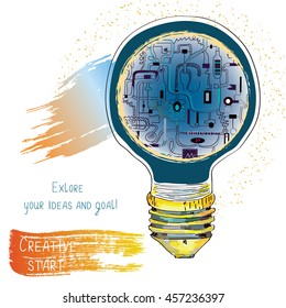 Light bulb technical idea banner for innovation or presentation. Vector graphic illustration.