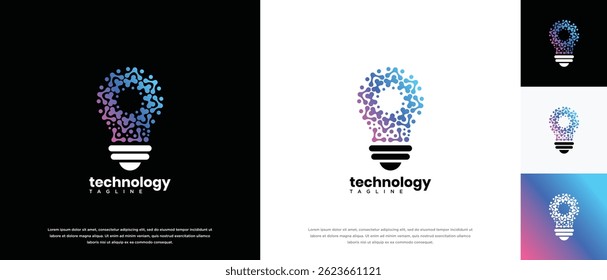 Plantilla de diseño de logotipo de tecnología de bombilla. Molécula de icono de logotipo de tecnología de bombilla
