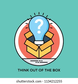 A light bulb that usually symbolize thinking and idea, having question mark onit, coming out of a package, pictoring think out of the box icon