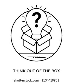 A light bulb that usually symbolize thinking and idea, having question mark onit, coming out of a package, pictoring think out of the box icon
