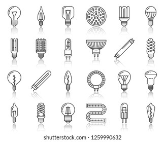 Light Bulb dünne Linie Icon Set. Umrissband für Glaslampen. Leuchtstofflampen Lineare Icons der elektrischen Ausrüstung, effiziente Energie, geführt. Glow-imple schwarze Kontur Symbol. Vektorgrafik