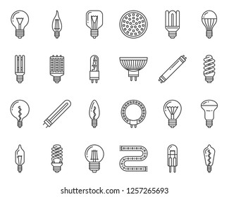 Light Bulb thin line icons set. Outline sign kit of glass lamp. Linear icons of idea, halogen, fluorescent lightbulb, electricity power. Glow simple black contour symbol on white. Vector Illustration
