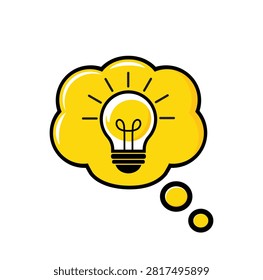 Light Bulb Thought Cloud Icon with Yellow Bubble, Creative Idea and Innovation Vector Illustration