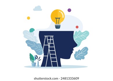 light bulb of thoughts in the human head. Flat style vector illustration