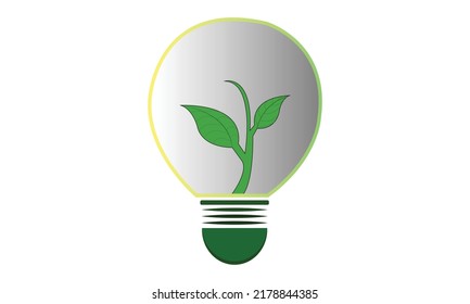 Light bulb with three green leaves. Flat outline icon. Vector illustration. Go green. 