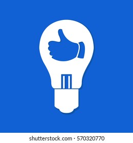 Light bulb with thump up gesture. Flat icon.