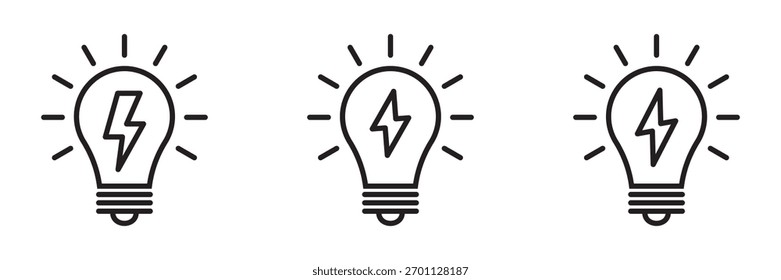 Light Bulb with Thunder Icon Set – Creative Idea and Energy Symbol, Inspiration Sign.