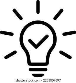 Light bulb with tick icon in flat style. Lightbulb with check, successful idea symbol isolated on white. Simple abstract thin line icon in black. Vector illustration for graphic. 3D Illustration