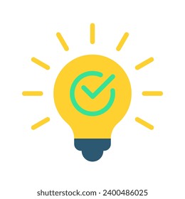 Light bulb with tick icon in flat style. Lightbulb with check, successful idea symbol vector illustration on white background