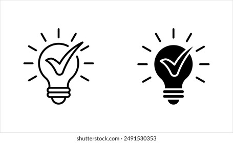 Light bulb with tick icon in flat style. Lightbulb with check, successful idea symbol vector illustration on white background