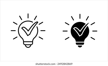 Light bulb with tick icon in flat style. Lightbulb with check, successful idea symbol vector illustration on white background