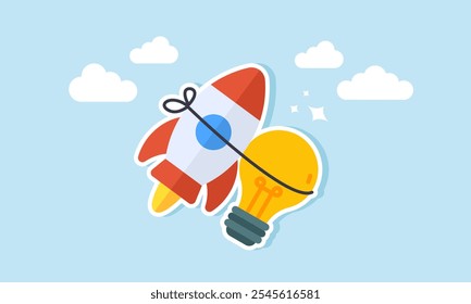 A light bulb tied with a rope to a rocket soaring into the sky, illustration of boosting business performance through ideas and innovation