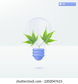 Light bulb transparency and green meple. develop environment, ecology, idea metaphor. 3D vector isolated illustration design Cartoon pastel Minimal style. You can used for mobile app, ux, ui, print ad