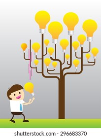 light bulb tree. Bright New Ideas Concept. Businessman harvest of thought. 