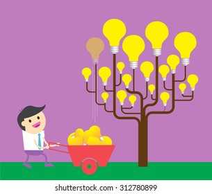 light bulb tree. Bright New Ideas Concept. Businessman harvest of thought. 
