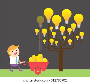 light bulb tree. Bright New Ideas Concept. Businessman harvest of thought. 
