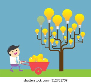 light bulb tree. Bright New Ideas Concept. Businessman harvest of thought. 