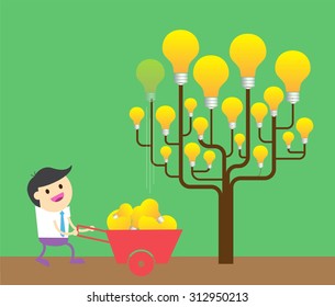 light bulb tree. Bright New Ideas Concept. Businessman harvest of thought. 