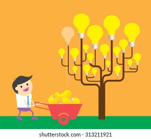 light bulb tree. Bright New Ideas Concept. Businessman harvest of thought.