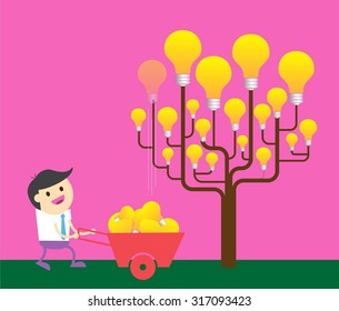 light bulb tree. Bright New Ideas Concept. Businessman harvest of thought.