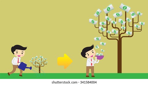 light bulb tree. Bright New Ideas Concept. Businessman harvest of thought.