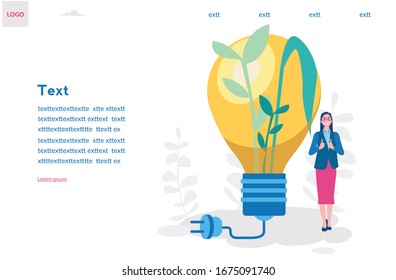 Light bulb with tree inside and happy woman. Think green, Eco concept.  Vector illustration for web banner, infographics, mobile