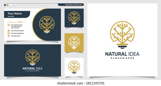Light bulb Tree logo with line art style and business card design template. Tree smart idea concept. Premium Vector