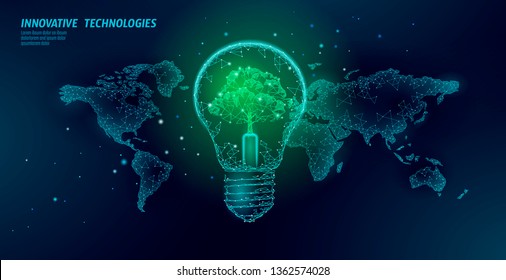 Light bulb with tree on world map. Lamp saving energy ecology environment idea concept. Polygonal light electricity green energy power banner vector illustration