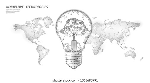 Light bulb with tree on world map. Lamp saving energy ecology environment idea concept. Polygonal light electricity green energy power banner vector illustration