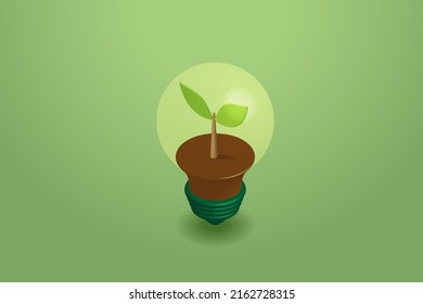 Light bulb with a tree sapling inside is growing. creative concept environmentally friendly energy on green background. isometric vector illustration.