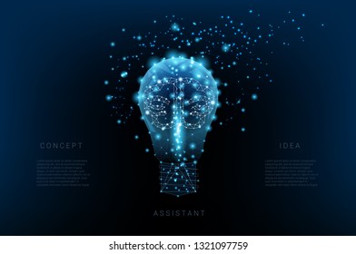 Light bulb of triangles and luminous brain and points. Background of beautiful dark blue night sky. Concept idea. Vector Polygonal illustration. Low poly.