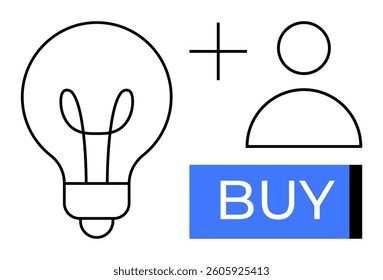 Light bulb, user icon, and blue BUY button. Ideal for e-commerce, business strategy, creativity, user engagement, entrepreneurship, technology, marketing. Line metaphor