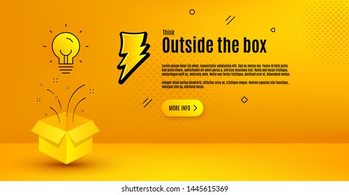 Light bulb vector background. Idea lamp light with thunderbolt icon. Creative mind or eureka moment. Think outside the box background. More info button. Open box with idea bulb vector concept.