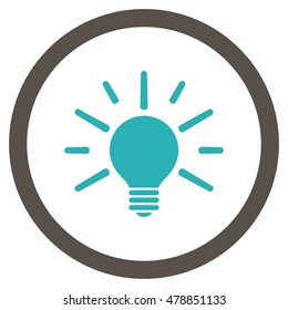 Light Bulb vector bicolor rounded icon. Image style is a flat icon symbol inside a circle, grey and cyan colors, white background.