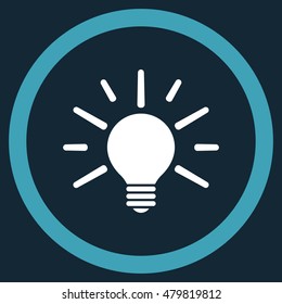 Light Bulb vector bicolor rounded icon. Image style is a flat icon symbol inside a circle, blue and white colors, dark blue background.